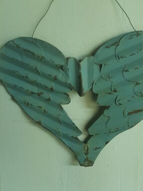 5/$25.00 Home Made Distressed Teal Metal Heart Wings Wall Decor - Home Accent